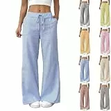 Battnot Blau Weiß Gestreifte Leinenhose Damen Leichte, Sommerhose Damen Baumwolle Leinen Stoffhose Jogginghose Einfarbig Weites Bein Palazzo Hose Freizeithose Casual Strandhose mit Taschen 00#blau