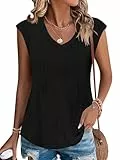 PLOKNRD Sommer T-Shirt Damen Freizeit V-Ausschnitt Kurzarm Top mit Plissee klassisch Strand Oberteile Schwarz XL