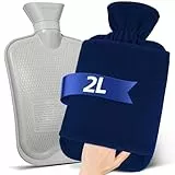MUPAS Wärmflasche mit Vliesbezug –2L Große Auslaufsicher Bettflasche –Weicher Wärmflaschen mit Känguru Tasche –Hot Water Bag für Kinder & Erwachsene (Blau)
