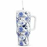 Meoky 1182 ml Becher mit Strohhalm und Deckel, 40 oz Becher mit Griff, isolierte Edelstahl-Trinkflasche für unterwegs, 100% auslaufsicher, hält 34 Stunden kalt oder 10 Stunden heiß (Blau-Rose)
