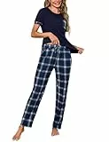 Litherday Schlafanzug Damen Baumwolle Pyjamas Set Kurzarm Nachtwäsche Set Zweiteiliger mit Lang Pyjamahose und Shirt Casual Elastischer Bund Sleepwear