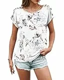 WNEEDU Tshirt Damen Sommer Rundhals Oberteile Lässig Bluse Kurzarm T-Shirt Batwing-Ärmeln Tops mit Knöpfen Floral Weiß L
