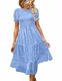 YESNO Sommerkleid Damen Elegant Boho Kleider Lässig Puffärmel Elastische Taille Midikleid Wedding Guest Dress Blumenkleid L EP2DE SkyBlue