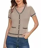 GRACE KARIN Leichte SommerStrickjacke für Frauen Offene Front Kurzarm Bolero V-Ausschnitt Knopfleister Farbblock Strickjacke Urlaub Schicke Kleid Tops Khaki XL