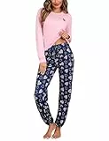 Bresdk Schlafanzug Damen Lang Pyjama Baumwolle Winter Nachtwäsche Herz-Print Schlafanzughosen mit Tasche Warmer Pijamas Set Zweiteilige Schlafanzüge Rosa M