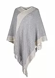 Damen Poncho Pullover V-Ausschnitt Gestreift Strickschal Umhang Pullover mit Fransen Geschenke für Frauen Mutter, beige, XS/L