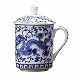 TOPBATHY Chinesische Teetasse Mit Deckel Aus Porzellan Blau-Weiß Keramikbecher 5.1 Zoll Große Milchkaffeetasse Für Zuhause Tee Party Und Alltag