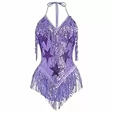 IBAKOM Rave Outfits Damen Sexy Music Festival Outfit Sexy Pailletten Fransen Bodysuit Glitzerndes Kleid Club Party Nachtclub Kostüm Für Festival Tanz Clubwear Party Slim Fit Cosplay Kostüm violett M