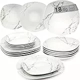Sänger | Tafelservice Bilgola Marmor Weiß, 18-teiliges Geschirrset für 6 Personen mit Suppen-, Dessert- & Speisetellern aus Porzellan, Teller Set, Essgeschirr, Eckig | PREMIUM COLLECTION