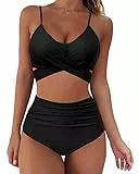 RXRXCOCO Damen Wickel Push Up Bikini Oberteil mit Bauchweg High Waist Bikini Set Bademode Schwarz Size S