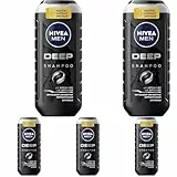 NIVEA MEN Deep Shampoo (250ml), gegen fettiges Haar und Kopfhaut mit Aktivkohle, revitalisierendes Männershampoo für ein langanhaltendes Frischegefühl, tiefenreinigend (Packung mit 5)
