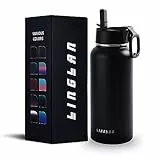 LINGLAN Edelstahl Trinkflasche Thermosflaschen mit Strohdeckel 950 ml Trinkflaschen halten 24 Stunden kalt und 12 Stunden heiß (Schwarz)