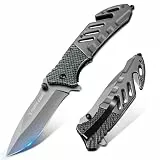 PURPLEBIRD Klappmesser, Rettungsmesser mit Gurtschneider & Glasbrecher, EDC Messer mit Taschenclip, Sicherheitsschloss & Rutschfester Griff für Outdoor & Camping, Geschenke für Männer (Grau)