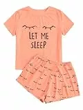 Haloumoning Mädchen Sommer Niedliche Shorts Set Bequem Kurzarm Cartoon bedrucktes Pyjama Set T-Shirt und Kurze Hose Set, Orange, 10-12 Jahre