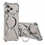COTDINFOR Hülle für iPhone 17 Kompatibel mit MagSafe,Magnetische Handyhülle mit 360° Ring Ständer Metall Titan Schalenlos Cover Stoßfeste Militärischer Schutz Hülle für iPhone 17 Silber THJ
