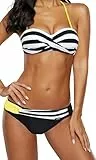 Ocean Plus Damen Bandeau Padded Bikini-Set Trägerlose Mehrfarbig Streifen Bademode Push Up Neckholder Strandmode (XXL (EU 42-44), Gelbe Streifen)