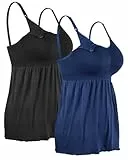 4How 2 Stück Damen Stilltops ohne Bügel Tanktop Unterhemd mit Integriertem BH für Stillen SchlafSchwarz+Blau,S