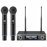 TONOR Mikrofon Kabellos Wiederaufladbares, UHF Funkmikrofon Set, 2x100 einstellbare Funk Metall Wireless Microphone mit Lichtring, Auto Scan, 100 m Reichweite für Gesang Karaoke Kirche Party, TW750