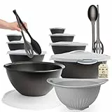 Hausfelder Salatschüssel mit Deckel Set groß - 8 Schüsseln 6L/3,6L/1,9L/0,7L mit Deckel, Salatbesteck & Sieb - Kunststoff BPA-frei Camping Küche - Stapelbar Spülmaschinenfest - 21-teilig