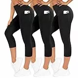 TNNZEET 3er Pack Leggings Damen 3/4 mit Taschen Capri für Sport, High Waist 7/8 Caprihose Sporthose für Gym(Schwarz/Schwarz/Schwarz,XXL)