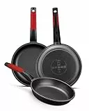 BRA Premiere | Set mit 3 Bratpfannen aus antihaftbeschichtetem Aluminiumguss, geeignet für alle Herdarten, einschließlich Induktion, Schwarz mit rotem Silikon, 18|22|26 cm