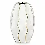 Hollyone Weiß & Gold Keramikvase für Blumen, Dekorative Blumenvase, Moderne Vertikale Streifen Vasen, Gerippte Strukturierte Welle Vase für Schlafzimmer, Büro, Wohnzimmer, Bad, Tisch Centerpiece