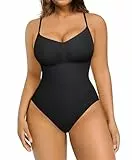 FeelinGirl Shapewear Damen Body Shaper Nahtlos Bauchweg Bodysuit im Slip-Stil Schritt mit Knopfverschluss Miederbody mit Verstellbare Schultergurte Schwarz M/L