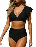 OUSIMEN Damen Bikini Set V-Ausschnitt Rüschenärmeln High Waist Bademode Zweiteiliges Badeanzug Bauchweg Swimsuit