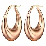 Flongo Ohrringe Rosegold Damen Creolen: Hoop Oval Rose rund Ohrstecker Groß Dick klobige Edelstahl Tropfen Glitzer Huggies charm chunky Reif Earrings Modeschmuck Geschenk für Frauen Mädchen