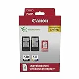 Canon PG-510/CL-511 Vorteilspack 2 Tintenpatronen (Schwarz + Farbe) Original +50 Blatt 10x15cm Photo Paper [Umweltfreundliche Recycle-Kartonverpackung 2024]