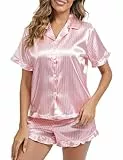 HANERDUN Schlafanzug Damen Pyjama Set Satin Kurzarm Nachtwäsche mit Knopfleiste Zweiteiliger Hausanzug Sleepwear Pjs Sets