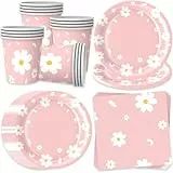 Bikasun Gänseblümchen Partygeschirr Set für 16 Gäste, Weiß Rosa Blumen Party Deko kindergeburtstag, Teller Becher Servietten Pappteller, für Mädchen Jubiläum Hochzeit Bachelorette Babyshower
