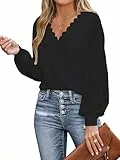 CUPSHE Damen Blusen V-Ausschnitt Spitzen Wellenkante Puffärmel Langarmshirt Lässige Lace Oberteile Tunika Bluse Tops Schwarz M