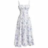 Odizli Korsett Kleid Damen Sommer Elegant Sexy Ärmellos Spaghettiträger Trägerkleid Blumenkleid Boho Style Midi Kleid mit Schlitz Lang Sommerkleid Festlich Freizeitkleid Milkmaid Dress Weiß Blau S