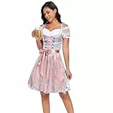 Jecarden Dirndl Damen Midi Trachtenkleid Damen Dirndlkleid mit Spitze Trachtenmode inkl. Dirndlbluse Dirndlschürze 3 teilig für Oktoberfest Karneval Besondere Anlässe (34-50) (Rosa, 38)