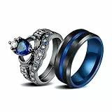 JewelryWe Paar Ringe Edelstahl: Blau Rille Herz Zirkonia Claddagh Krone Stapelbar Pärchen Trauringe Partnerringe Freundschaftsringe Eheringe Verlobungsringe Hochzeit Band Gravur für Herren Damen