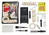 Fit For The Job 21-teiliges Farbroller- und Schalenset – Pinsel, Staubblatt, Schleifpapier, Klebeband, etc. – Rollensets für Wänden und Decken mit Dispersionsfarben, Mini-Rollen für Holz und Metall