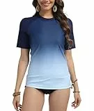 SURFEASY UV Shirt Damen Kurzarm Rash Guard Shirt Schnelltrocknen Rundhals Schwimmshirt Bademode (Marineblau Farbverlauf, L)