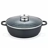 GSW Gourmet Servierpfanne aus Granit mit Aroma Glasdeckel, Pfanne Induktion mit kratzfester Antihaftbeschichtung, Bräter mit Deckel, Bratpfanne 32 cm, Schwarz