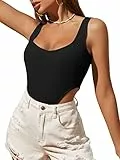 GORGLITTER Damen Body Tank Bodysuit Cut Outs Bodies Rippenstrick Ärmellos Bodys U-Ausschnitt Body Tanktop Schwarz S