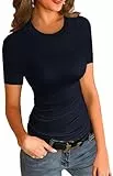 Imily Bela Damen T-Shirt Rundhals Kurzarm Sexy Shirt Sommer Basic Oberteil Slim Fit Tee Tops(Navy, S)