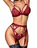 RSLOVE Damen Dessous Set mit Strumpfhalter - 3-teiliges Spitzen Teddy Babydoll Bodysuit Dunkles Rot Mittel