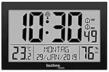 Digitale Funkwanduhr WS8016 mit großer Anzeige – DCF77, Datum, Wochentag (7 Sprachen), Temperatur & Luftfeuchtigkeit – 2 Alarme mit Schlummerfunktion – lautlos, 12/24h, batteriebetrieben, schwarz