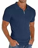 PrinStory Poloshirt Herren Kurzarm T-Shirts Mit Reißverschluss Slim Fit Polo Shirt Golf Lässig Freizeit Stretch Herren Oberteile (Blau,L)