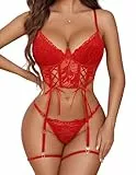 Avidlove Dessous Damen Sexy Unterwäsche Set BH mit Bügel Spitze Korsett Slip Strumpfhalter Strumpfband Rot M