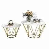 Ginhow Runder Couchtisch 2er Set – Couchtisch Marmor in Imitat-Optik | Wohnzimmertisch Weiß mit Goldenen Beinen – Einfache Montage & Stabile Coffee Table
