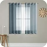 MRTREES Voile Gardinen Vorhang halbtransparent kurz mit Ösen in Leinenoptik Stores Gardinen Schals für Wohnzimmer Schlafzimmer Kinderzimmer Dunkelblau 145×140cm (H×B) 2er Set