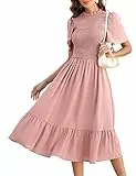 KOJOOIN Damen Kleid Lange Sommerkleid Casual Swing Kleid Kurzärm Maxikleid Rüschen Freizeitkleid Rosa L