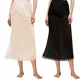 Girstunm Pack of 2 Halbe Slips für Frauen Langer Unterrock Antistatische Spitze Bottoming Rock Slips für Unterkleider 69cm Schwarz und Beige XX-Large