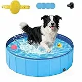 Hundepool 120x30cm, Hundepool Faltbar, Hundeplanschbecken, aus kratzfestem PVC-Material,Anti-Rutsch-Belag & schnelle,Entleerung, Keine Pumpe benötigt, mit Badebürste Ablassventil PVC-Aufnäher x 4